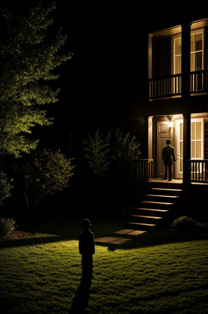 creates a terrifying realistic image of a shadow standing in the yard of a house at night, the photo is taken from a window 