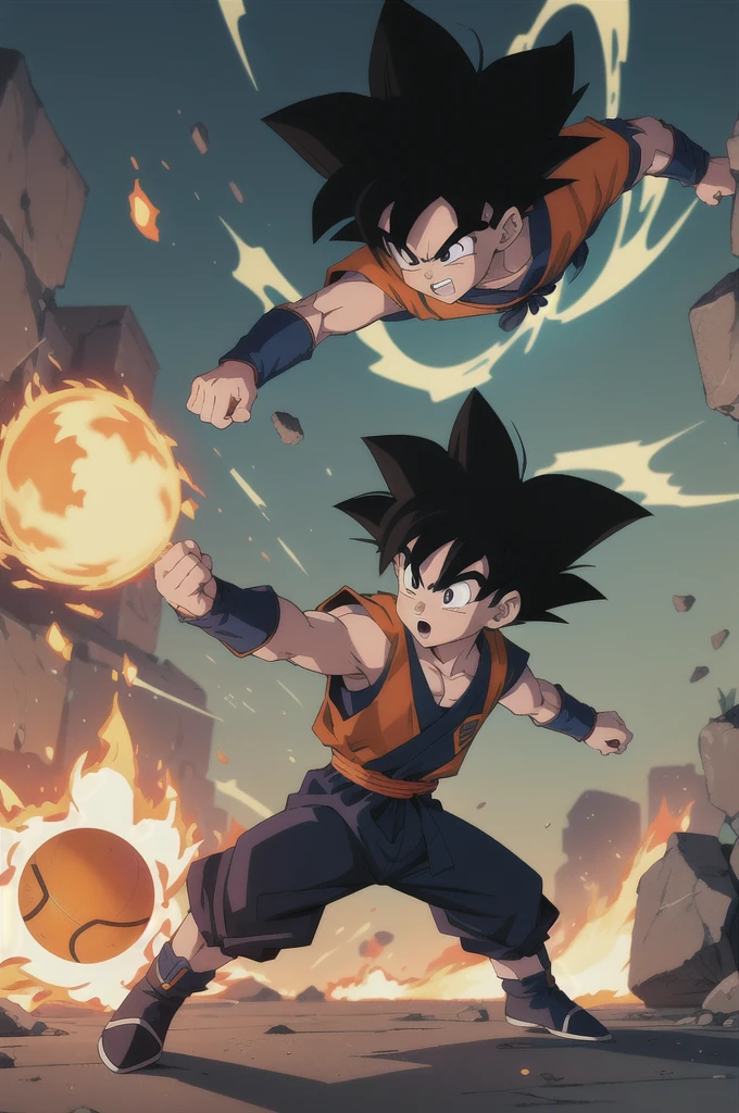 Manga style, illustration, line art style, high quality, manga masterpiece, highres, very detailed, digital illustration, small ??? Goku and Piccolo, Dragonball, black hair, spiked hair, real goku clothes orange color, black belt and black shoes, fire ball, Goku destroying Piccolo in a combat, dougi, outdoors,fighting,