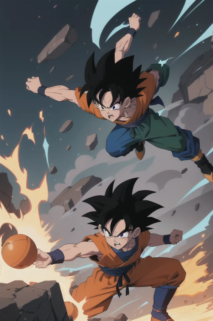 Manga style, illustration, line art style, high quality, manga masterpiece, highres, very detailed, digital illustration, small Kid Goku and Piccolo, Dragonball, black hair, spiked hair, real goku clothes orange color, black belt and black shoes, fire ball, Goku destroying Piccolo in a combat, dougi, outdoors,fighting,