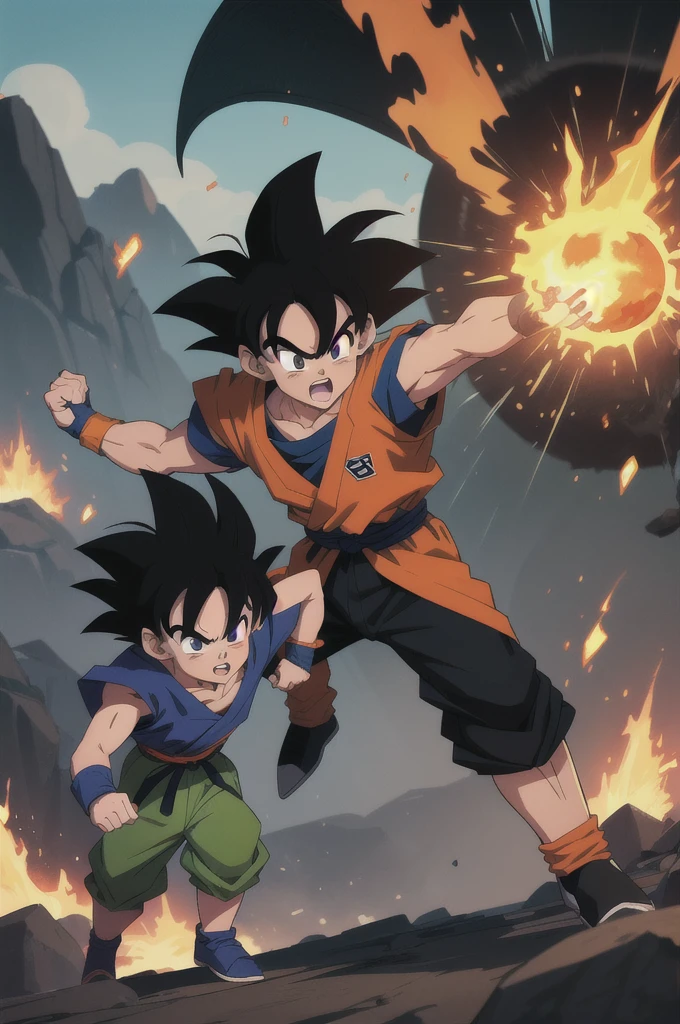 Manga style, illustration, line art style, high quality, manga masterpiece, highres, very detailed, digital illustration, small Kid Goku and Piccolo, Dragonball, black hair, spiked hair, real goku clothes orange color, black belt and black shoes, fire ball, Goku destroying Piccolo in a combat, dougi, outdoors,fighting,