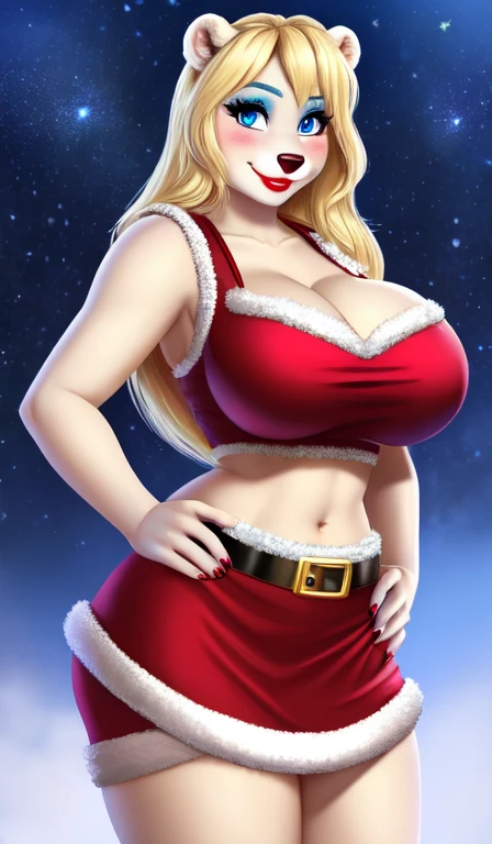 Blonde polar bear woman, wearing a Santa dress, perfect face, blue eyes, blue eyeshadow, , cleavage, trter view, solo, smile, perfect detailed body, red lipstick, midriff, hands on hips, blushing
