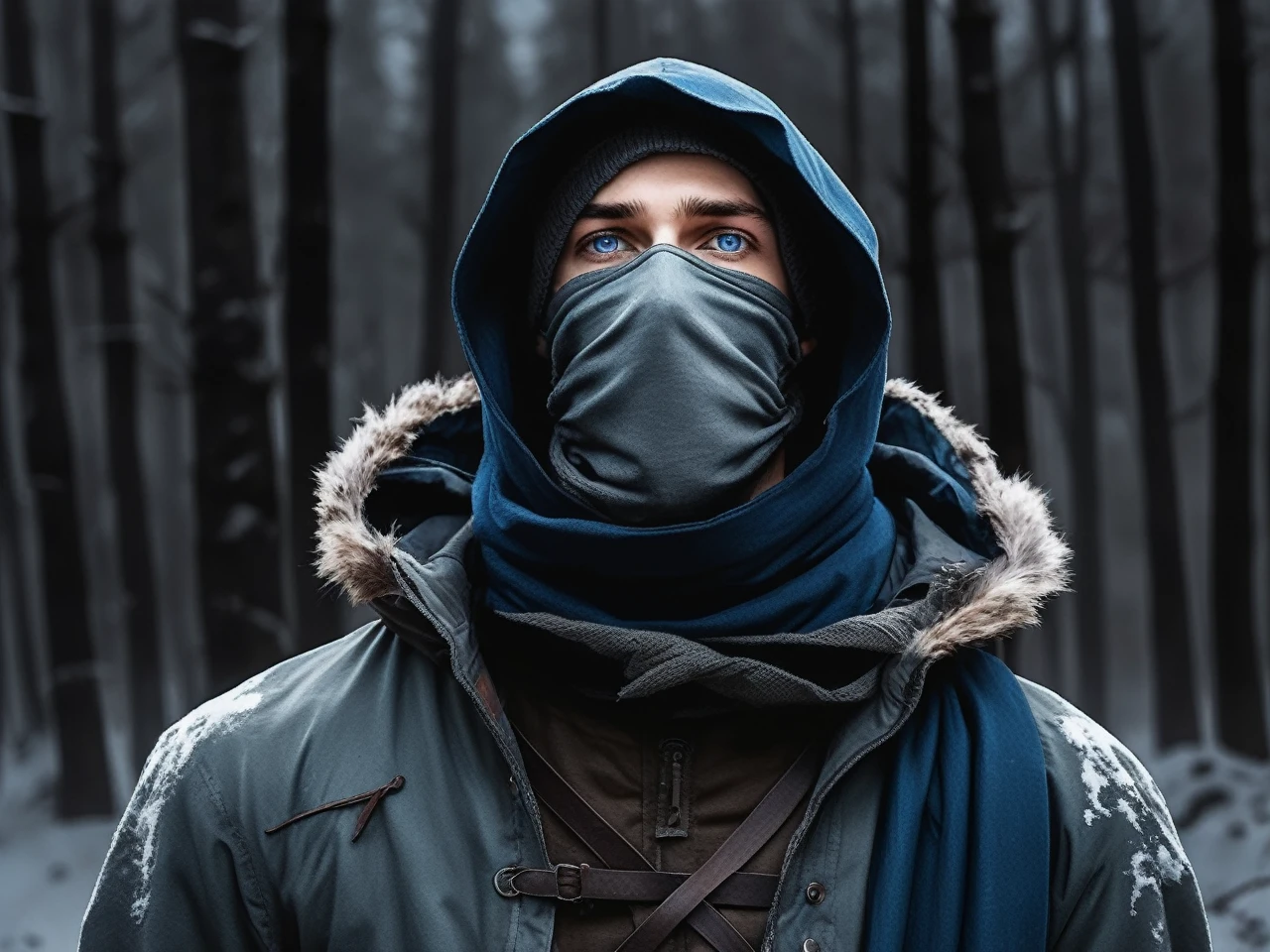 Anime realaitic art-style, Man with blue eyes worn a hood and a cloth mask covering the nose and mouth look lost, background a forest with trees with high trunk and few leaves, it seems to be cold they wear a mountaineer outfit esvaldor for cold momwntos the colors are erased looks like a dark environment