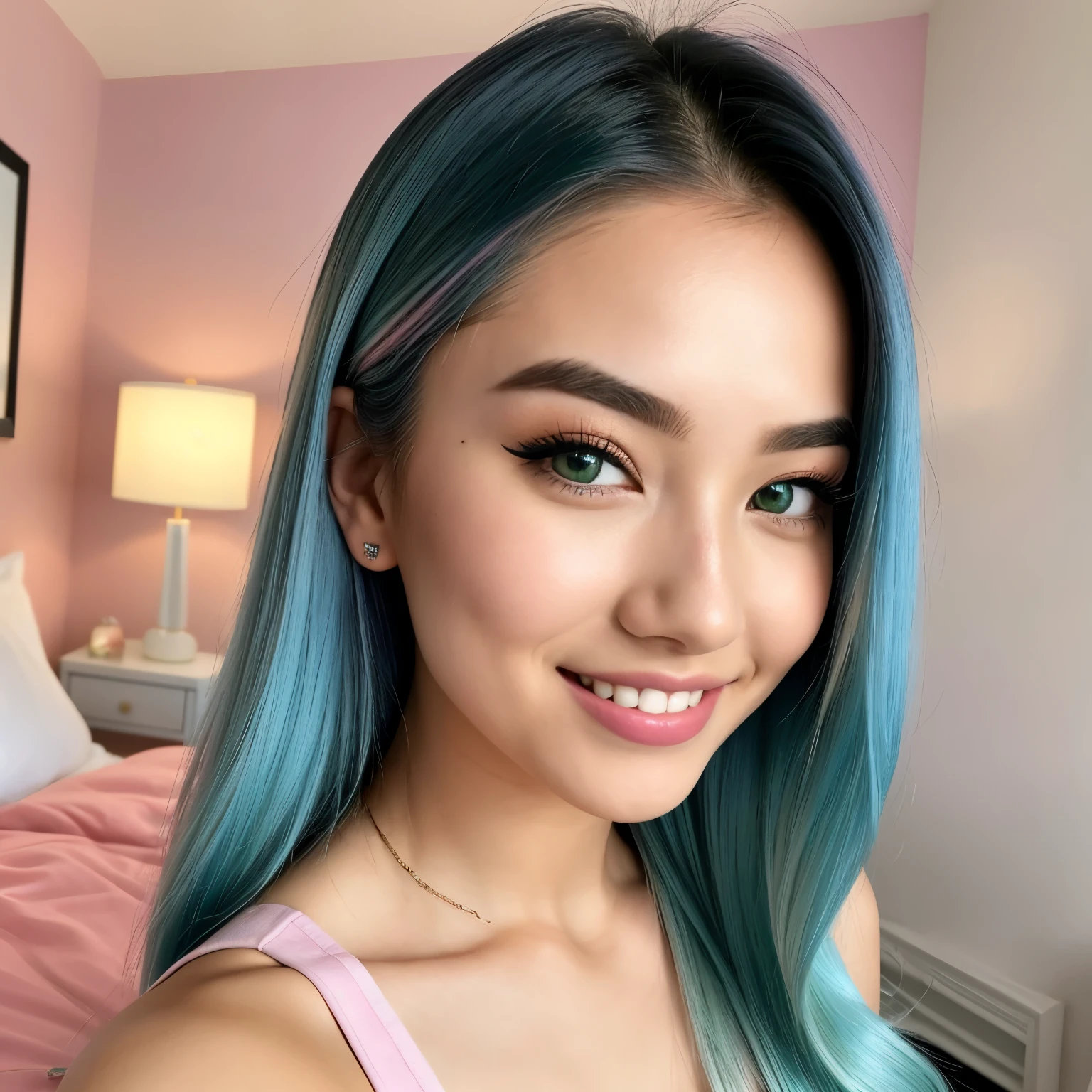 photo of (emikin:0.99), woman as a sexy TikTok influencer, cobalt hair, blue hair , teal hair , long hair, woman with Asian features, 24-year-old (green-eyed woman), green eyes,  She has a small elegant nose with a slight upward curve at the tip. Her lips are full and naturally pink with a well-defined Cupid's bow. Her teeth are straight and white enhancing her captivating smile. Her face has an oval shape with high cheekbones that add to her model-like appearance. full body, 8k, sexy, arms down, hands do not appear in the photo, in sexy pink pajamas, she is in her room, 