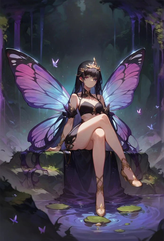 ASCII(score_9, score_8_up:1.1), score_7_up, 1girl, , black hair, long hair,  butterfly wings, glossy black skirt, glossy black top, void forest, sitting on rock, crossed legs, purple water, magical, golden tiara void  