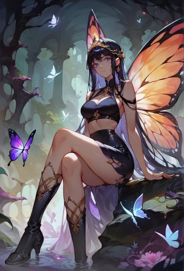 ASCII(score_9, score_8_up:1.1), score_7_up, 1girl, , black hair, long hair, butterfly wings, glossy black skirt, glossy black top, void forest, sitting on rock, crossed legs, purple water, magical, golden tiara void