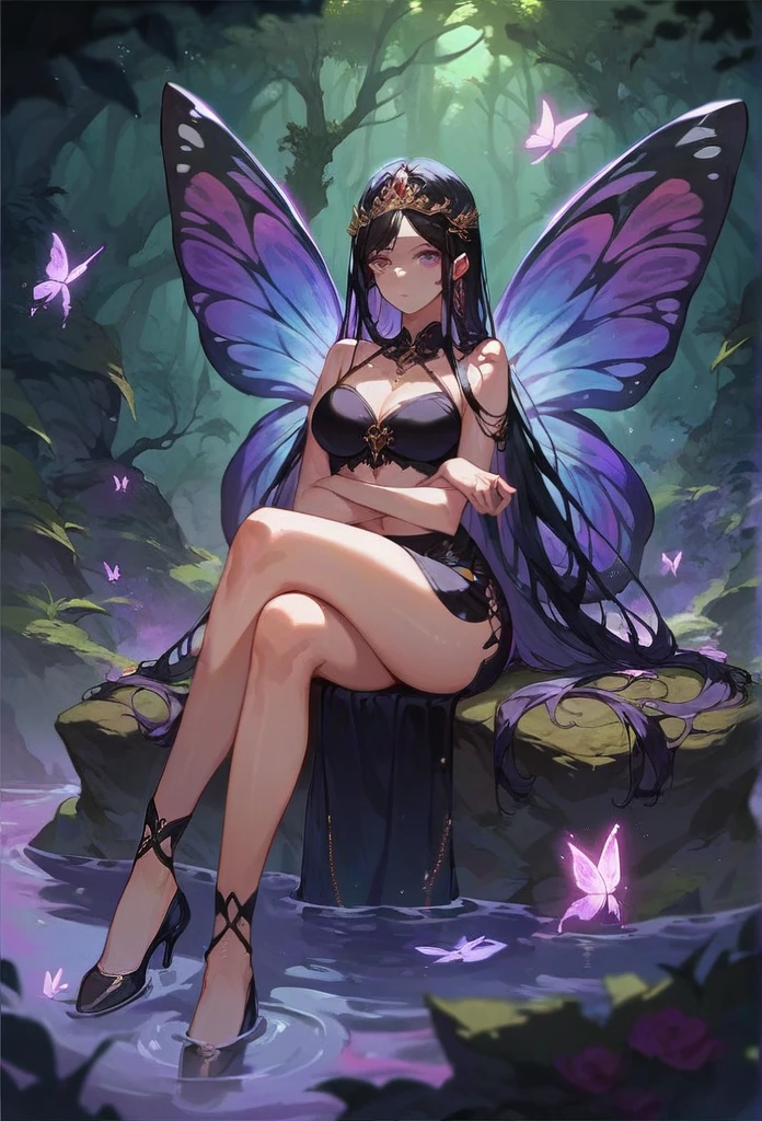 ASCII(score_9, score_8_up:1.1), score_7_up, 1girl, , black hair, long hair,  butterfly wings, glossy black skirt, glossy black top, void forest, sitting on rock, crossed legs, purple water, magical, golden tiara void  