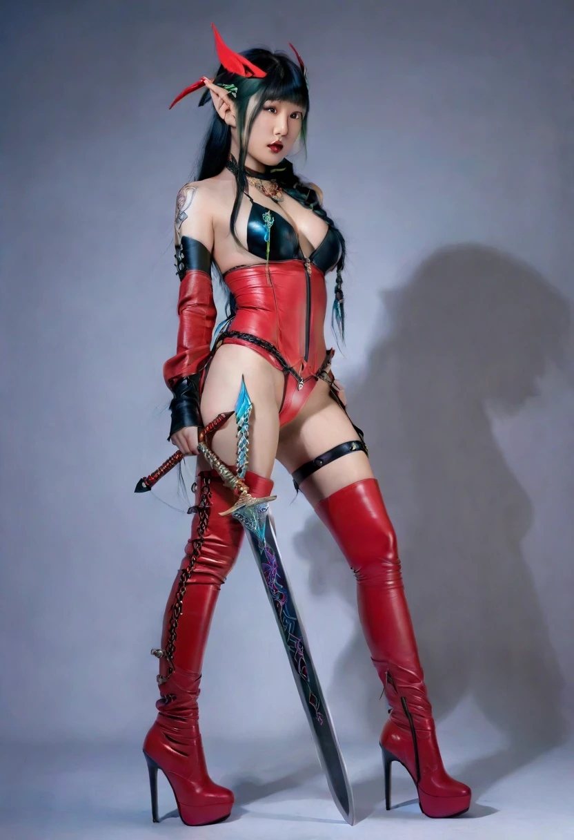beautiful curvaceous slim asian elf woman, detailed intricate dagger tattoo, long braided hair curled around her leg, black latex revealing , , thigh high red leather boots, 8k, detailed, highly realistic, photorealistic, dramatic lighting, cinematic, dramatic angle, masterpiece, vibrant colors, fantasy, digital art