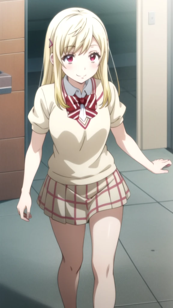 Chica anime in a pink shirt and white skirt walking down a street, seductive Chica anime, attractive Chica anime, oppai, Mejor Chica Animé, anime visual de una linda chica, cute Chica anime, pretty Chica anime, an Chica anime, beautiful Chica anime, Chica anime, lindo anime waifu con un bonito vestido, hermosa seductora anime adolescente, young Chica anime yamada_yellow, 1chica , by rubio, alone, wide, hair ornament, , smile, bow, red eyes my dress darling anime, beautiful seductress anime