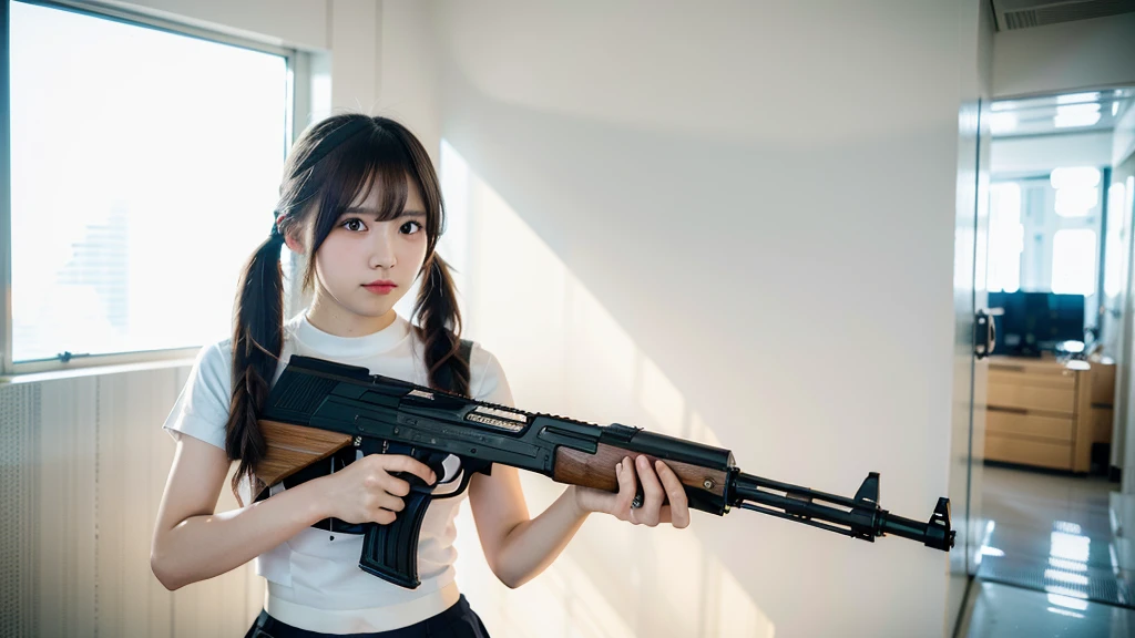 Top quality, 1 beautiful woman, ((Twintails)), wearing T-shirt, mini skirt, holding_gun, (ak-47:1.2), 50mm lens, f/1, Moody Lighting, (white background: 1.2), (at Futuristic city:1.5)
