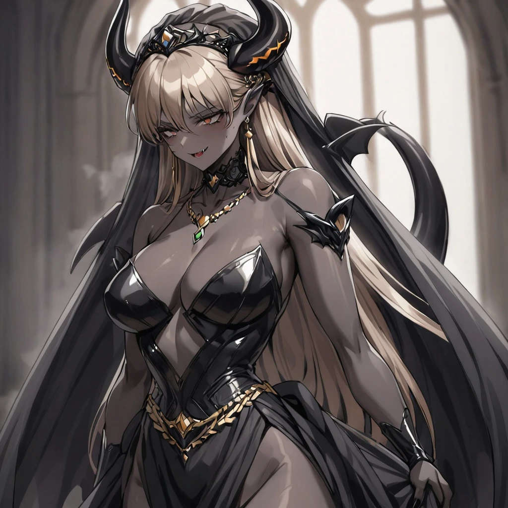 ((Highest quality)), ((masterpiece)), (detailed), （Perfect Face）、The woman is a sexy devil with jet black skin、The woman is a jet-black female demon with magnificent devil horns, jet-black devil wings, and a jet-black tail. Her skin is jet-black, she is wearing a luxurious black wedding dress and a black wedding veil, and she is holding a wedding ceremony with the dignified and powerful Great Demon King, arm-in-arm. She is the jet-black demon Princess Leona, with medium-long light brown hair, a demon in both body and mind, and has the expression of a maiden in love.、The woman is the wife of a dignified and powerful demon king, her beloved husband.