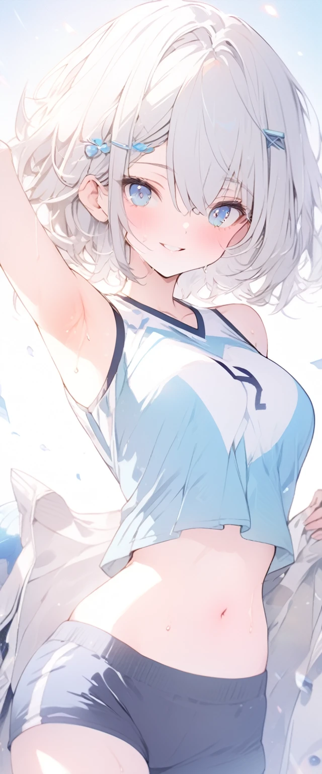 beautiful, masterpiece, Highest quality, anime, One girl, C Cup,Portrait Shot, View your viewers, Covered、Short Hair、nearby、Blue Eyes、art、、White hair,Blue streaked hair、hairpin、Cute smile、Thighs、Cute、Sweat、Volleyball uniform、Shorts、navel、Armpit、Armpit広げ、coat、gym、