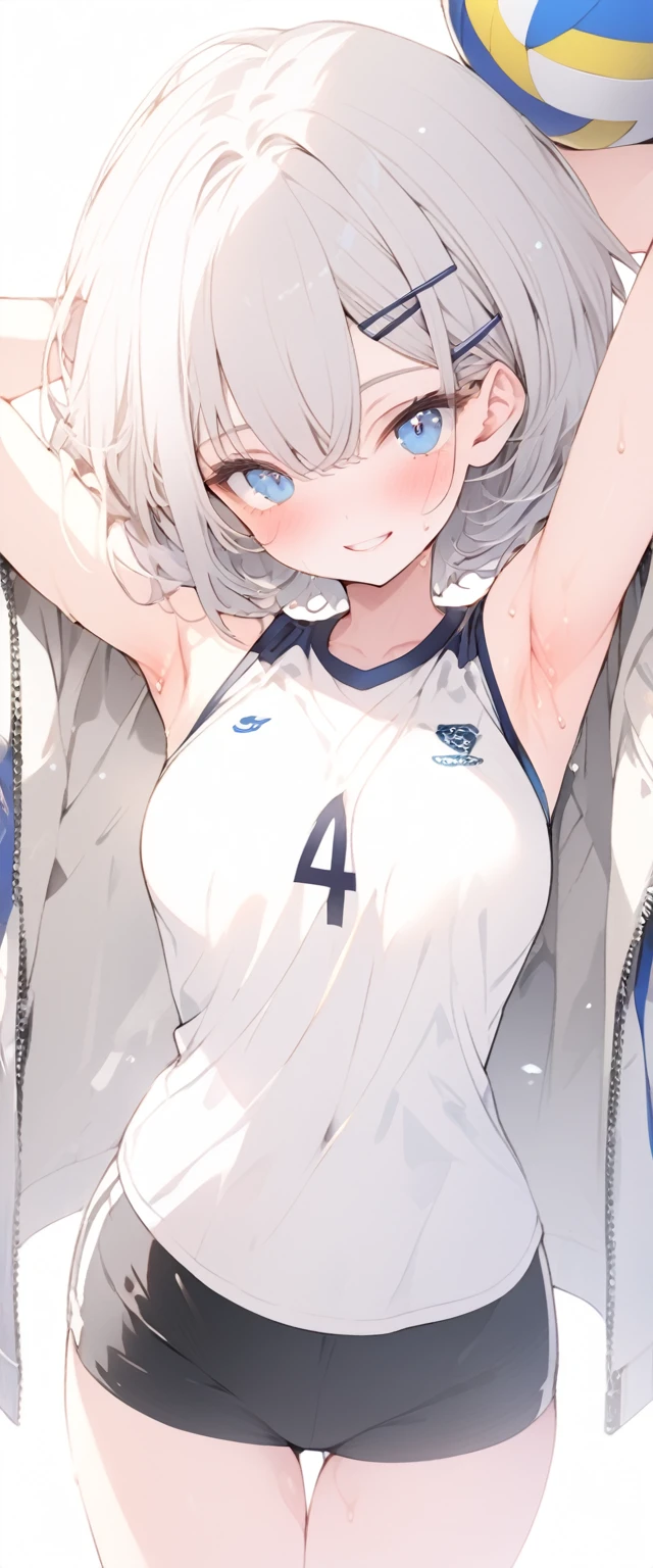 beautiful, masterpiece, Highest quality, anime, One girl, C Cup,Portrait Shot, View your viewers, Covered、Short Hair、nearby、Blue Eyes、art、、White hair,Blue streaked hair、hairpin、Cute smile、Thighs、Cute、Sweat、Volleyball uniform、Shorts、navel、Armpit、Armpit広げ、coat、gym、