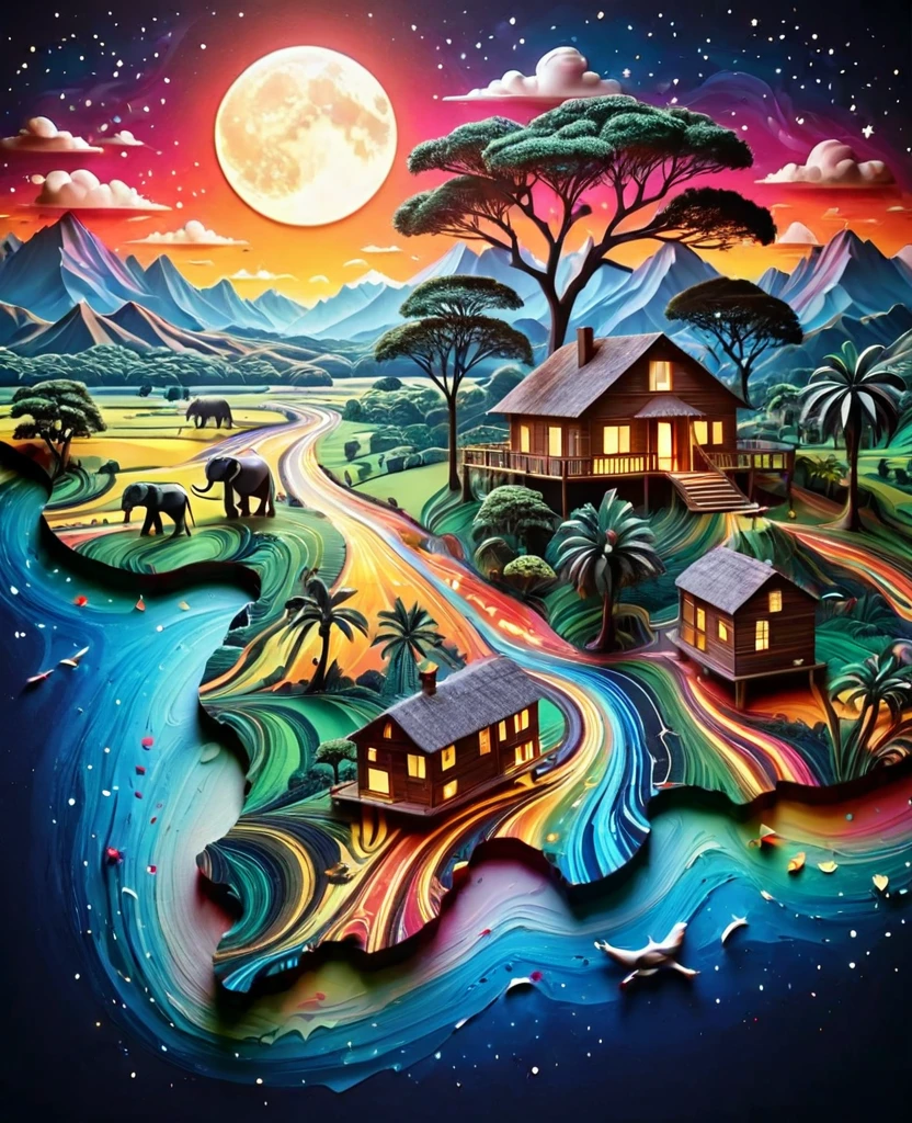 Paper cut art (((masterpiece))),best quality, illustration, African map, within African map we see a night sky, cloud, banana plantation, rivers, mountains, lions, elephants, cows, no humans, night, birds, moon, building, night sky, scenery, starry sky, grass, house, trees, waterfall, birds in the sky, African map, vibrant color scheme, Soft light,(warm color:1.2),Water color painting, light background, best quality exquisite details,3d rendering,Octane render, pastel, paper_cut of African map.