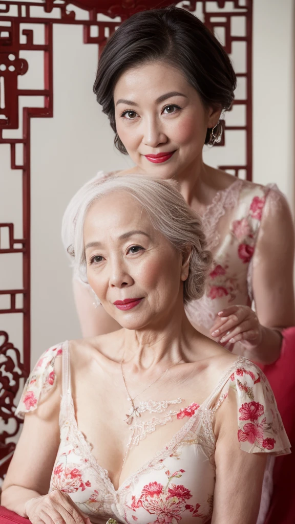 Chinoiserie, gravure, senior citizen, In underwear, Draw lips correctly, Red lipstick, From the chest up, 16K, Highest quality, Super detailed, Realistic, Highly detailed skin, Perfect Anatomy, (1 Chinese), (alone), 100 years old, Large Breasts, Mature female politician, Glamour, Sexy, Chromo White Skin, View your viewers,