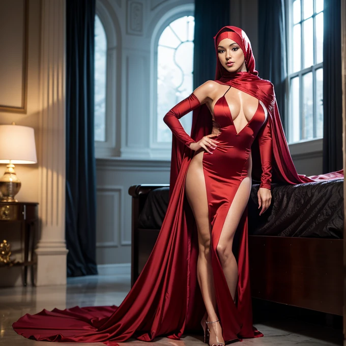 a woman in the translucent silk red gown, tight full body tied, satin sheet, nipple on with nipple piercing, wearing translucent veils, faceless, face cover with satin veil, satin hijab, full body, long satin,mermaid tight long gown, flowy dramatic long gown, tall women, satin bed, strugle to walk, wear high heels, satin bed, masterpice 