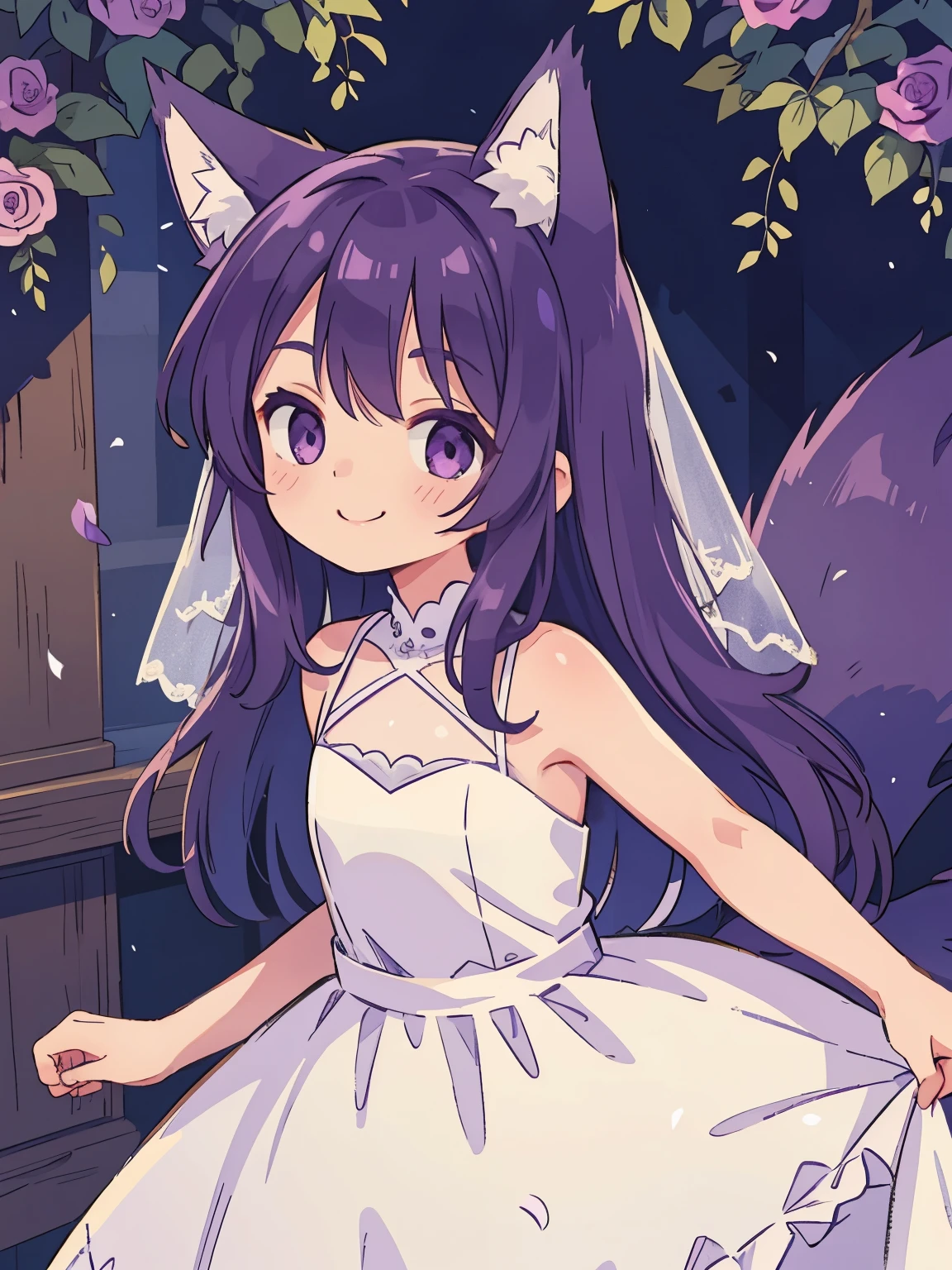 Cute, young, flat chest, 10 years old, wedding dress, wolf ears, fluffy tail, dark purple hair, dark purple tail, smiling