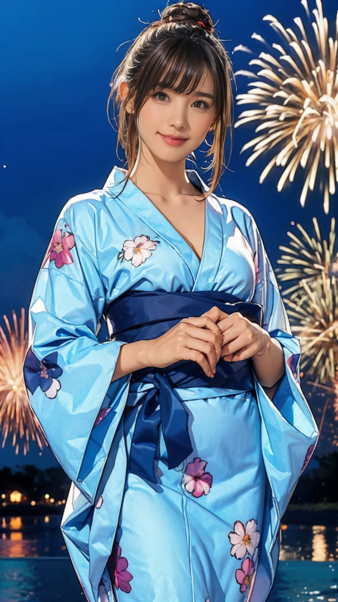 ((masterpiece)),(((Highest quality))),((Character design sheet)),A Japanese yukata with a bright floral and flower pattern in a combination of light blue and navy blue.:1.5,Stylish sandals:1.5,The best smile:1.5,Upper Body Shot:1.5,Night fireworks background:1.5,Flashy makeup with red eyeshadow:1.5,Bun Hair:1.5,