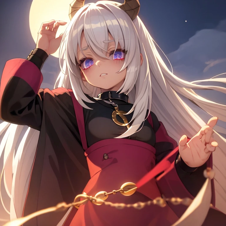 Niña pequeña, White hair,  eyes, slave collar, chains on his neck and arms, demons, (Large round breasts: 0.6),  (Moon demon eyes: 1.18) (kimono: 0.9)