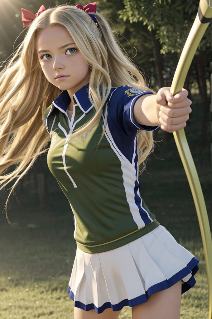 Screenshot of the anime “My hero academia”, a woman, tez blanca, long blonde hair that starts straight and ends with slight waves, olive green eyes. Concentration and focused features, My hero Academia sports uniform clothing with the landscape of the sports festival and in his hand a bow and arrow made of light. Screenshot section I of Bones studio.
