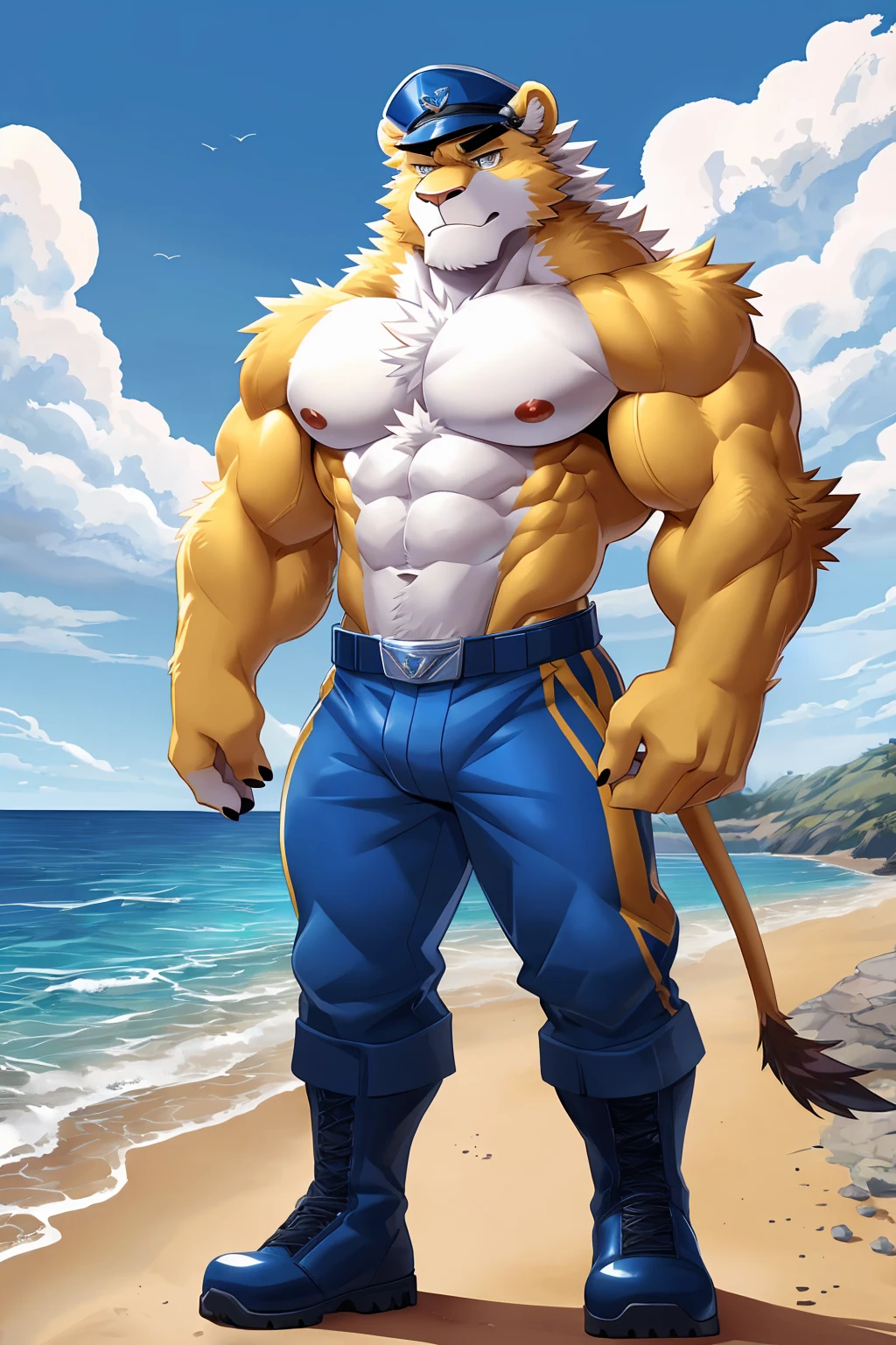 St. Bernard dog, exaggeratedly muscular, detailed eyes, prominent and dilated veins, alpha male, huge pecs (huge: 2.5), sensual expression, nicebulge, sexy pose, huge ass, sexy expression, full body, wearing white thong (small, tight), on a sunny beach(palm trees, blue sky).