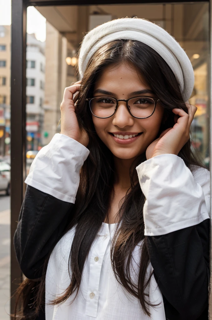    Long haired girl, black, straight, smile, White teeth, clean eyes, beautiful, sweet, Pakistani ethnicity, the pose of both hands holding glasses on the head, city center location.