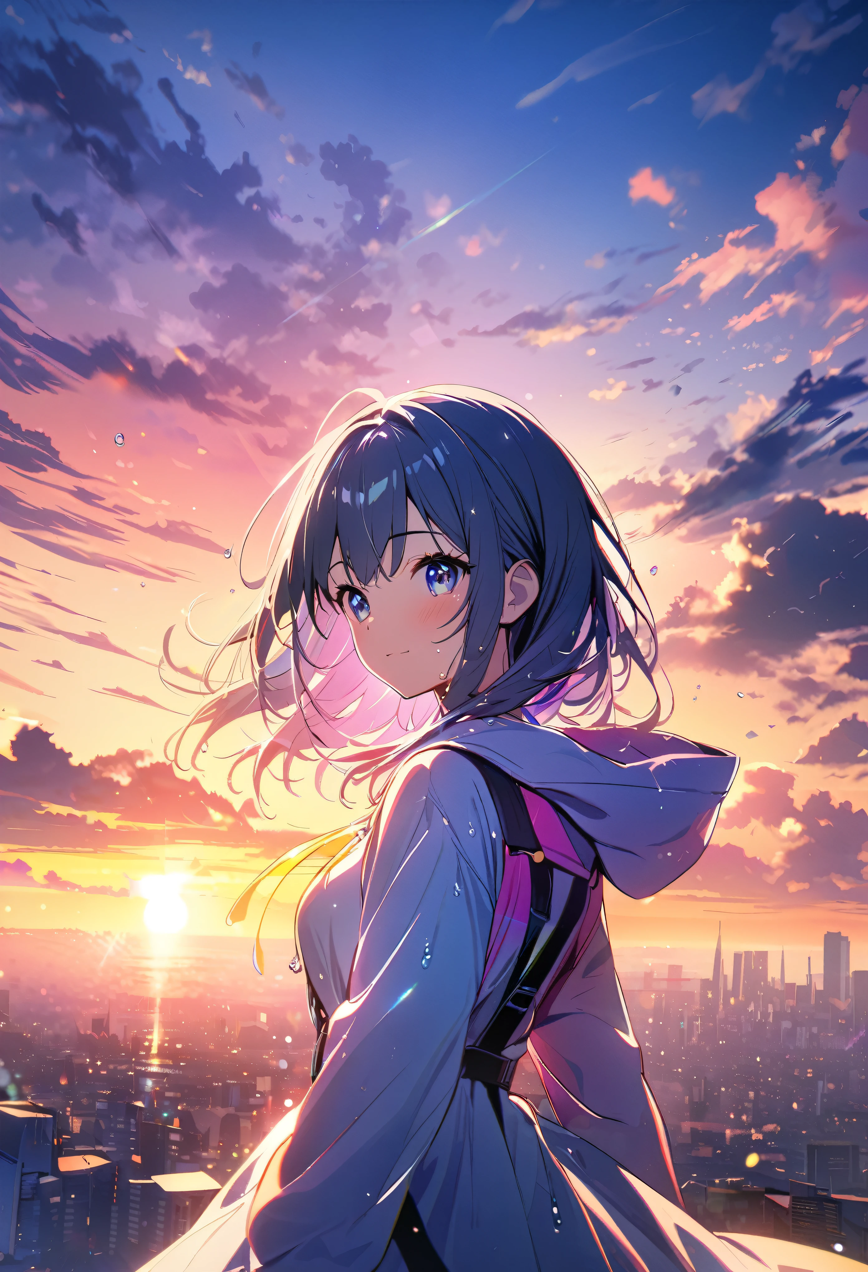 angelic, 1girl, sunrise, bright, after rain, horizon, in the sky, city , lens flare, colorful, High resolution, 8K