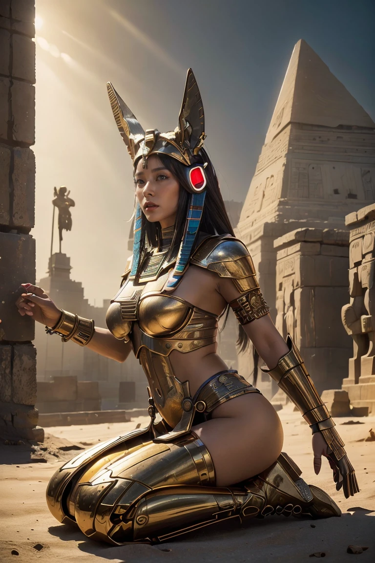 ((Highest quality、8K、masterpiece:1.3))、Photorealistic, Sharp focus, high resolution, High resolution, Portraiture, One person, woman, beautiful woman, sexy、Egyptian Goddess Walking in Ancient Egypt、Cyber Battlesuit、Complex technology, pyramid、Ancient Egyptian cities、Light and shadow、Laser light、Copper-colored hair