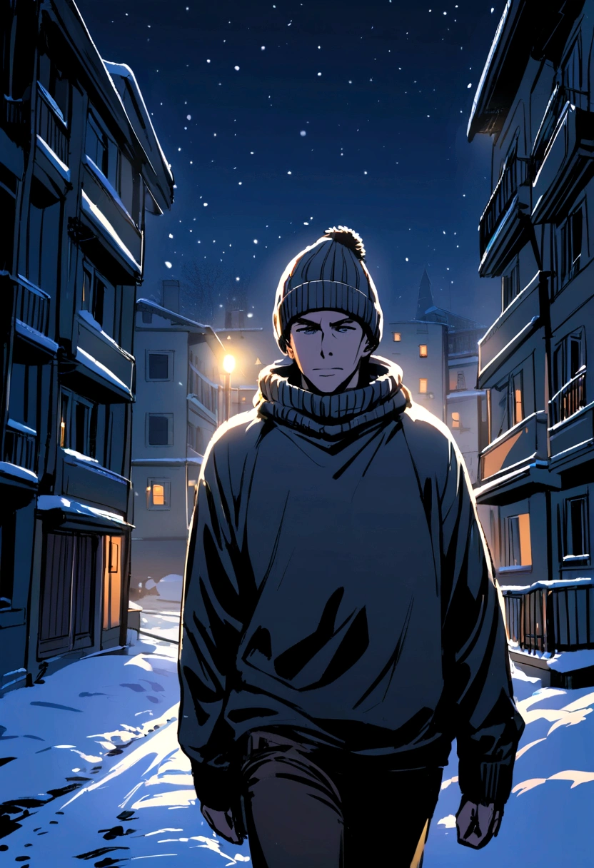 Guy in beanie and black sweatshirt walking in the snow in front of Russian apartments at night
