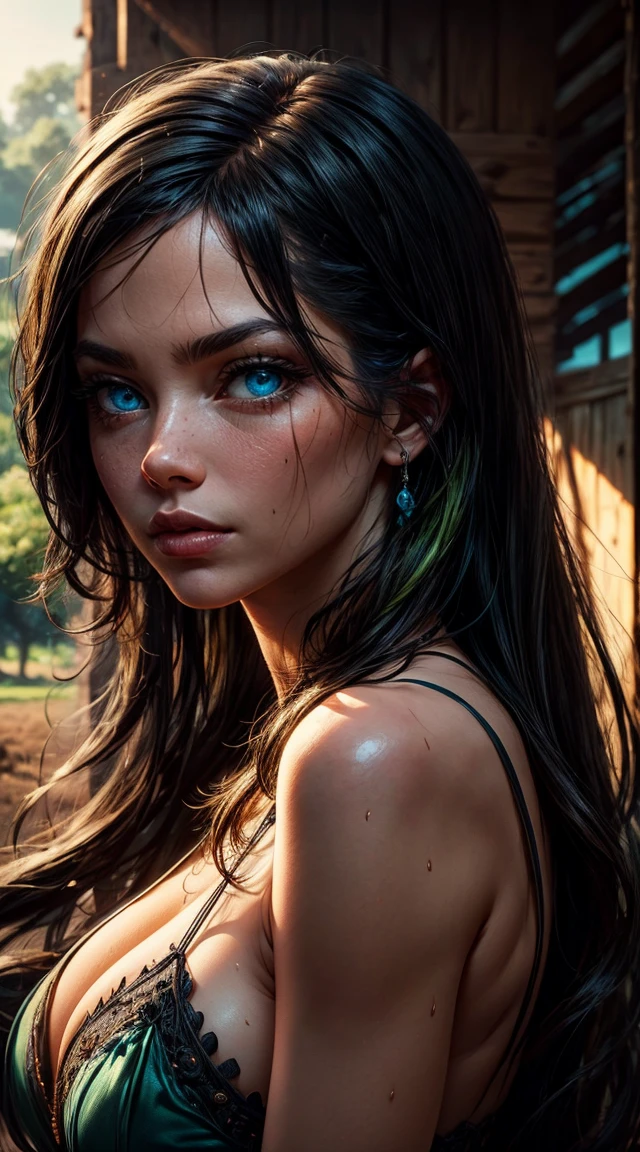 Side view, Emma Stone, quite slender. She has black hair, long hair and big light green eyes, detailed face, tall face, (((pixel perfect, perfect in every detail))), alone, black hair, long hair, blue eyes, looking at the viewer, medium breasts, working on a farm, sensual, all sweaty, sunny, (masterpiece: 1.2), highest quality, high resolution, 8k unity wallpaper, (format: 0.8), (beautiful, detailed eyes : 1.6), highly detailed face, perfect lighting, very detailed CG, (perfect hands, perfect anatomy), exposed cleavage, medium breasts, top quality, lots of details, sharp and realistic Puri focus