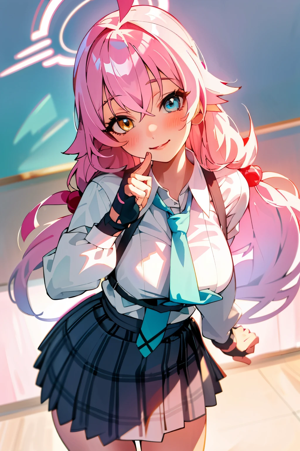 Hoshino (Blue Archive),A beautiful girl with long pink hair, wearing a , looking directly at the camera with a happy expression, blushing cheeks, large bust, bra visible, in a classroom setting, (best quality, 4k, 8k, highres, masterpiece:1.2), ultra-detailed, (realistic, photorealistic, photo-realistic:1.37), detailed face, beautiful eyes, detailed lips, long eyelashes, , skirt, blouse, smiling, happy expression, pink hair, classroom background, high quality, intricate details
