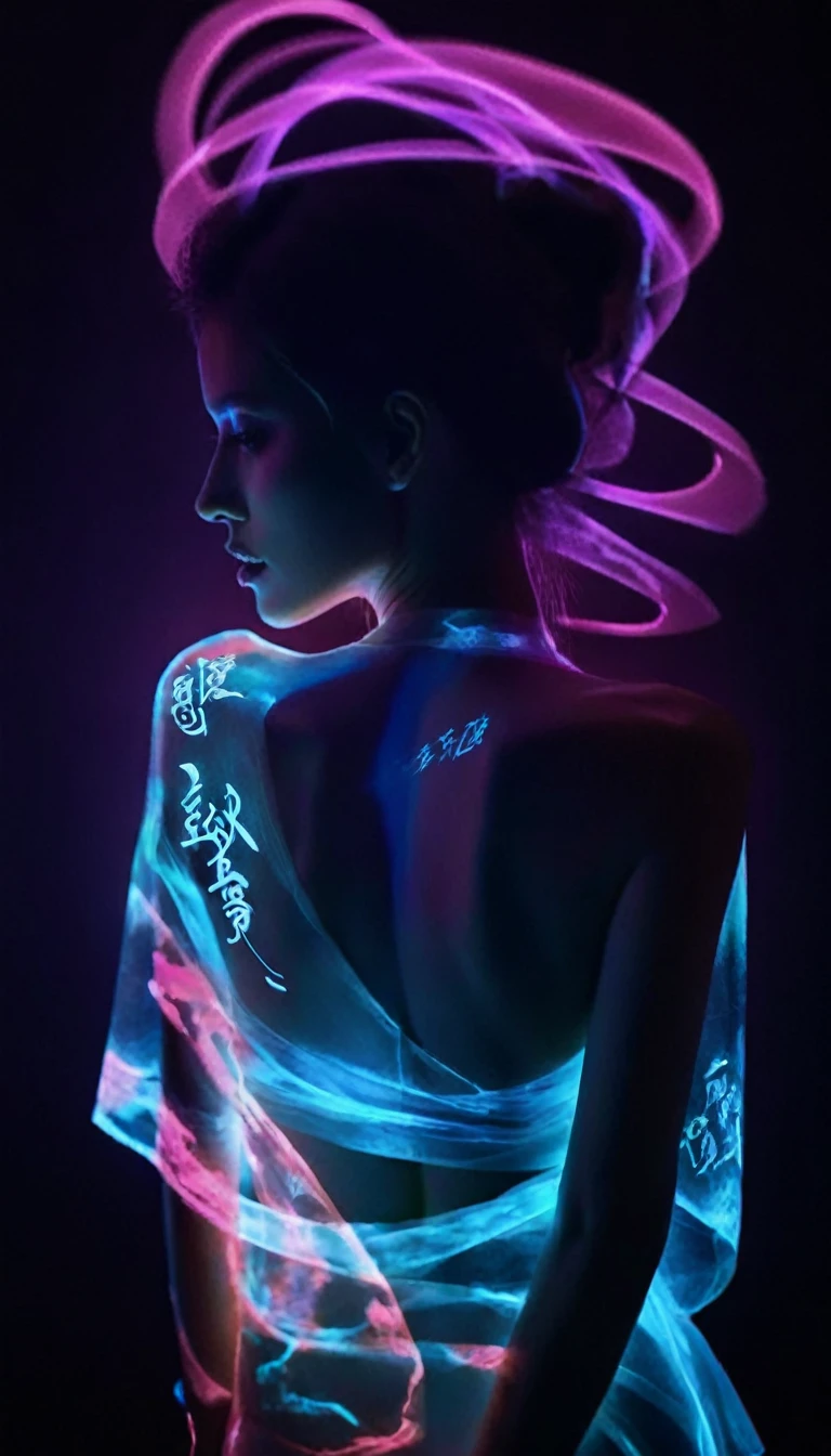 Double Exposure Style,Volumetric Lighting,a girl (Supermodel) with Wrap top,arching her back, beautiful tattoo (neon light), Traditional Attire,Artistic Calligraphy and Ink,light depth,dramatic atmospheric lighting,Volumetric Lighting,double image ghost effect,image combination,double exposure style,
