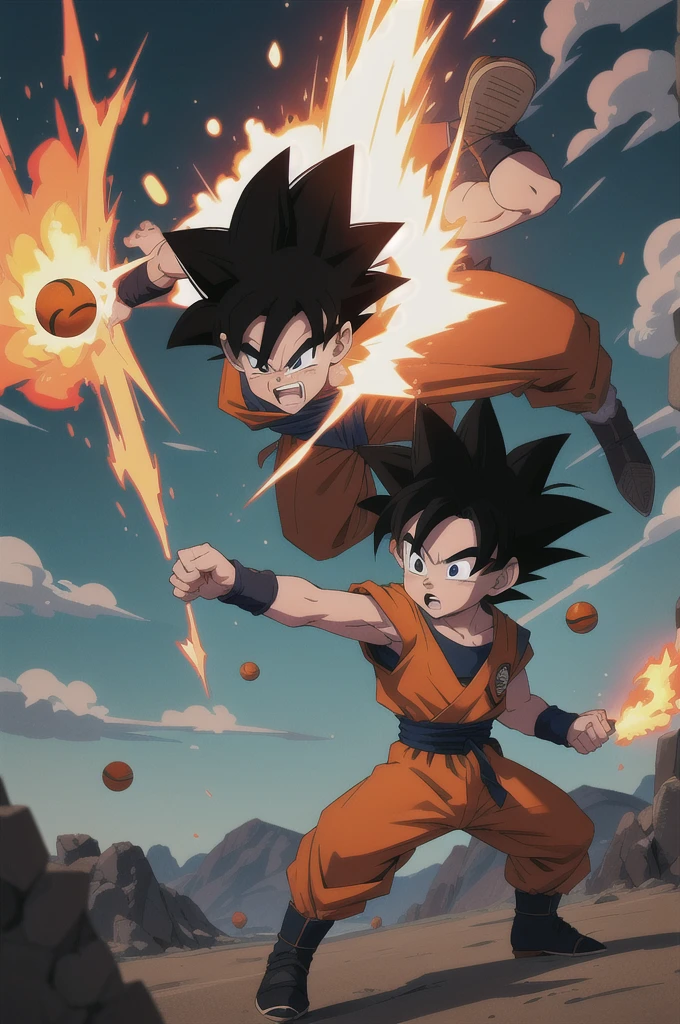 Manga style, illustration, line art style, high quality, manga masterpiece, highres, very detailed, digital illustration, small Goku and Piccolo, Dragonball, black hair, spiked hair, real goku clothes orange color, black belt and black shoes, fire ball, Goku destroying Piccolo in a combat, dougi, outdoors,fighting,