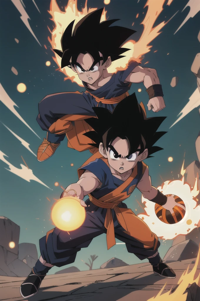 Manga style, illustration, line art style, high quality, manga masterpiece, highres, very detailed, digital illustration, small ??? Goku and Piccolo, Dragonball, black hair, spiked hair, real goku clothes orange color, black belt and black shoes, fire ball, Goku destroying Piccolo in a combat, dougi, outdoors,fighting,