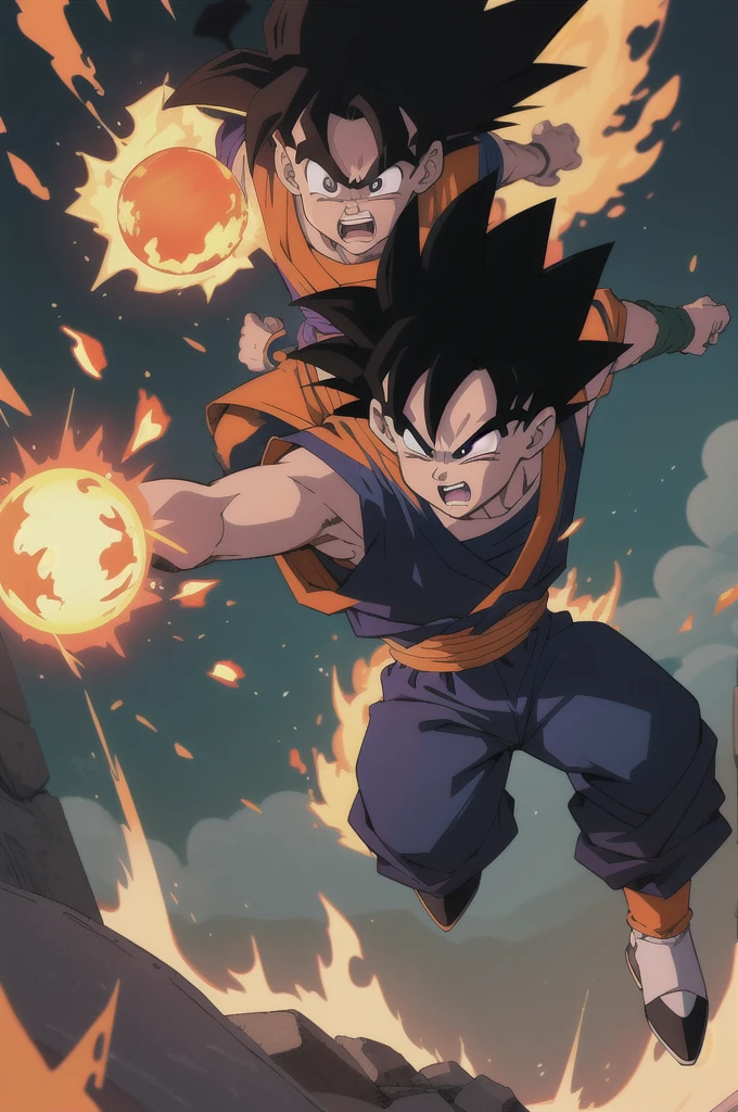 Manga style, illustration, line art style, high quality, manga masterpiece, highres, very detailed, digital illustration, small ??? Goku and Piccolo, Dragonball, black hair, spiked hair, real goku clothes orange color, black belt and black shoes, fire ball, Goku destroying Piccolo in a combat, dougi, outdoors,fighting,