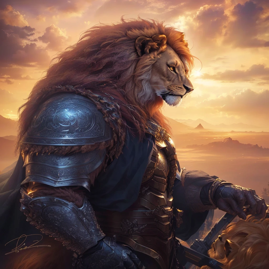 remake this work of art, leaving the final result with better quality, realistic lighting, detailed glow, humanoid lion wearing armor with his hand on the guard of the image, humanoid lion in profile with its metallic and shiny armor.