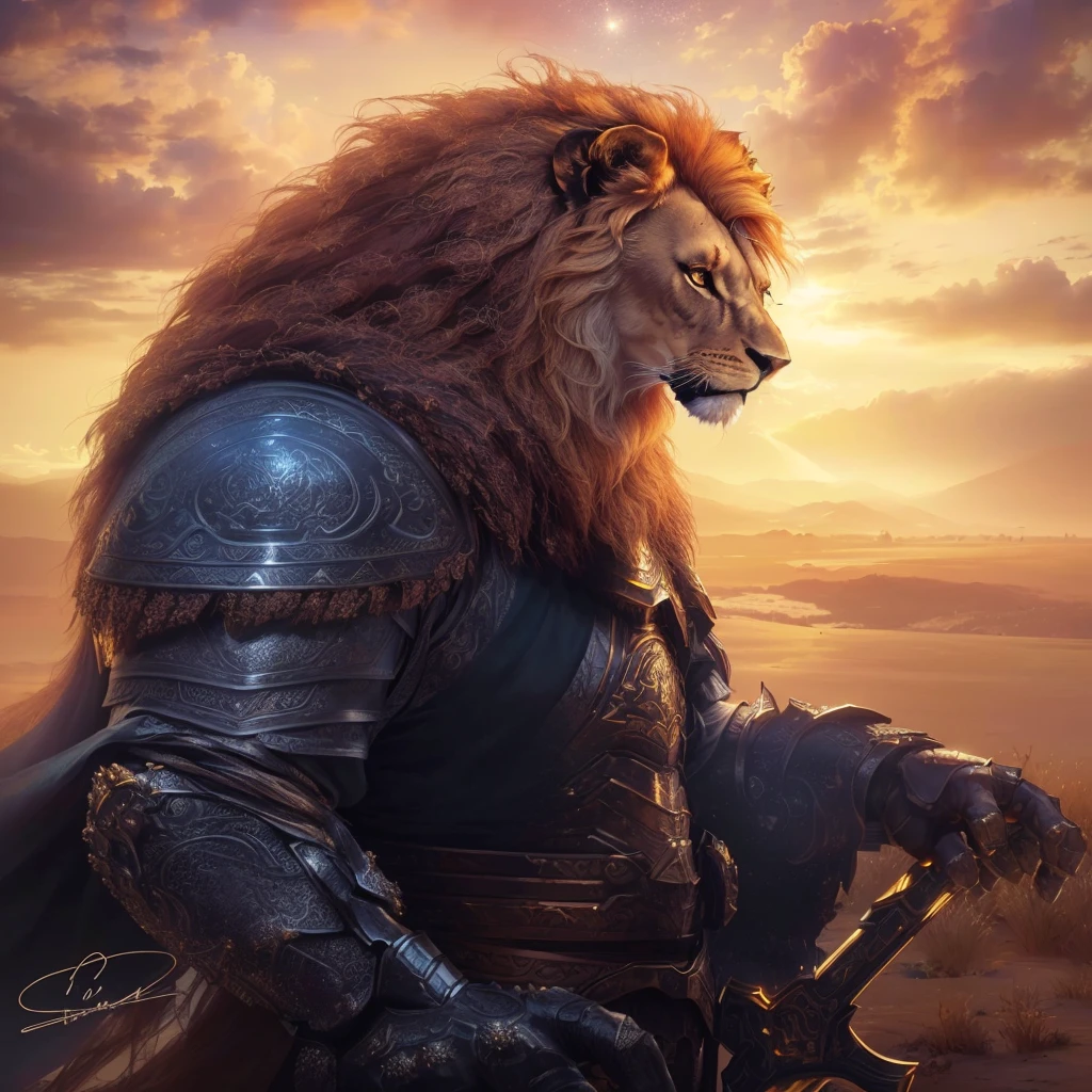 remake this work of art, leaving the final result with better quality, realistic lighting, detailed glow, humanoid lion wearing armor with his hand on the guard of the image, humanoid lion in profile with its metallic and shiny armor.