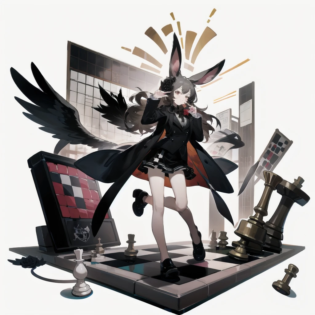 [(White background:1.15), ::2]Solitary, Medium shot, whole body，High saturation a girl，（Black long hair），Lively and bouncy，dynamic，Jumping，Squinting，[White background 1::5]，hands up，Bow，coat，Mini skirt，Black Silk，（Stand on a giant chess board），Black and white diamond tiles on the floor，indoor，Bunny ears，Black Wings，feather，Red rose，（（（White background1::5）））