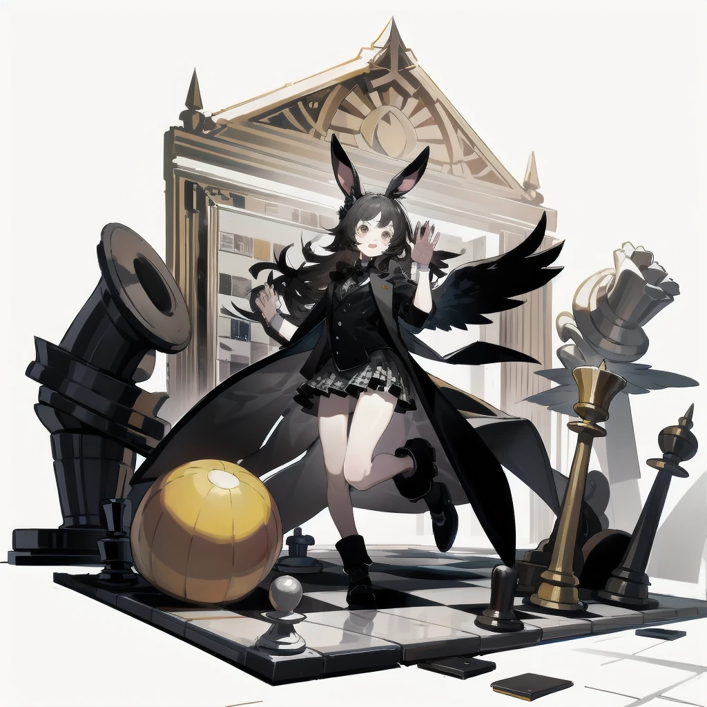 [(White background:1.15), ::2]Solitary, Medium shot, whole body，High saturation a girl，（Black long hair），Lively and bouncy，dynamic，Jumping，Squinting，[White background 1::5]，hands up，Bow，coat，Mini skirt，Black Silk，（Stand on a giant chess board），Black and white diamond tiles on the floor，indoor，Bunny ears，Black Wings，feather，Red rose，（（（White background1::5）））