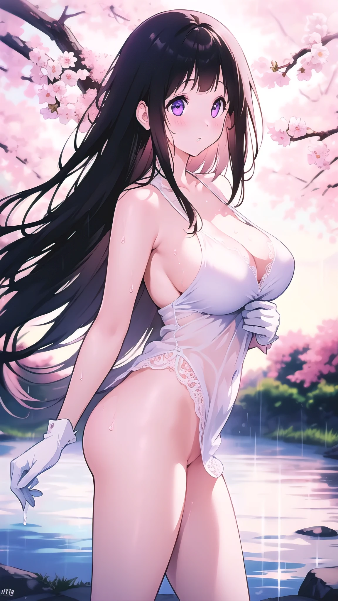 Amazing Chitanda, There is only one beautiful girl,Purple Eyes, Black Hair, Very red face,Very white skin,Glowing skin,Skin as delicate as porcelain,Naturally straight hair, Straight bangs,Extremely refined,Open lips,Long flowing hair,Beautiful Girl, Like a dream,Slim,Slim waist,soft, (sensuous), (Kawaii), Dream quality,Beautiful big breasts,Transparent loose school uniform,areola,Completely naked,Lower edge of breast,White gloves,Flower decoration,Deep V neckline,Loose neckline,Lace-up,Wide neckline,Walking in school,Place your hands on your inner thighs,Thighs clamp hands,Wet skin,Sweaty and sweaty,Sweating all over,Underwear Rain,Next to the cherry blossom trees,Back to,Lean over,Hips,Side body,Gluteal groove,Completely naked buttocks,Bare back,Completely naked back,Light transmission,(no pants),nopan,pussy juice,Bare shoulders,Bare neck,Exposed collarbone,Exposing breasts,Exposing breasts side,Exposing breasts,Show your waist,Show your buttocks,Show your thighs,Exposing the groin,(No pants),extremely shy,Ultra-high resolution, (masterpiece:1.2, best quality), (Delicate and beautiful eyes: 1.2), (Beautiful and delicate face)