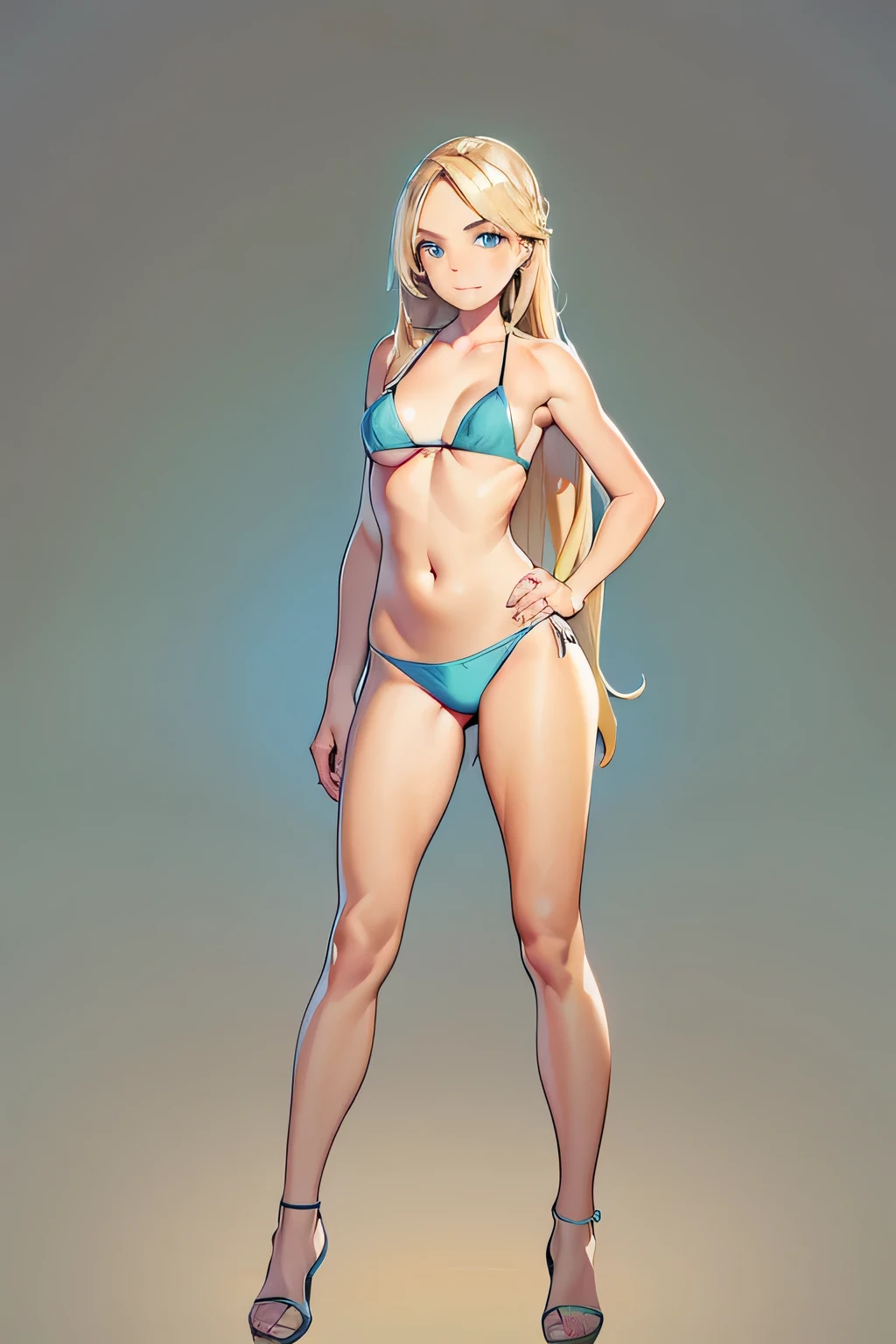 a beautiful young blonde female doctor with aquamarine highlights in her hair, thick eyebrows, aquamarine eyes, wearing aquamarine bikini, blonde hair long hair full body looking at front