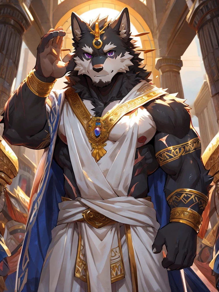 embedding:black wolf, male,purple eyes,Scar on the face, scar on the body,Single person,Toga,Costumes of ancient Greece,White clothes,Gold decoration,White halo overhead,Sacred tattoos,Laurel,A sacred gesture,Stubble,sacred,Expressions and movements full of divinity,A serious expression,The highest quality of scene detail,adult,Tall and powerful,muscle,Best quality hands, best quality eye,detailed fur,Delicate eyes.Extreme picture quality,by sollyz,by zixiong,by milkytiger1145