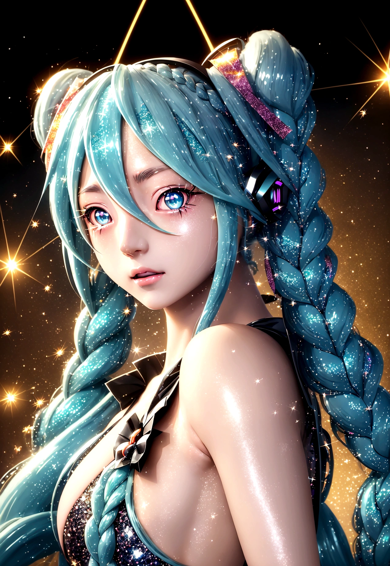 アニメ, Kizi, (((1 Kizi))), (((Waifu, vocaloid, Miku Hatsune Waifu))), , (((long hair, Hair with braids))), ((cyan eyes:1.3, upturned eyes: 1, perfects eyes, beautiful detailed eyes, gradient eyes: 1, beautiful finely detailed eyes: 1, symmetrical eyes: 1, big highlight on eyes: 1.2, Star Eyes by Hoshino Ai)), (((shining skin: 1.5, shining skin: 1.5, Fair Skin, shining skin, Very shining skin, shinny body, plastic glitter skin, Exaggerated shining skin, brightened skin))), (body detailed, (face detailed)), Youngh, Idol posture, (best qualityer), , modest clothes, Covered Skin, high resolution, sharp focus, ultra detaild, extremely detaild, high quality works of art, (realisitic, Photorealisitic: 1.37), 8K_wall-paper, (extremely detaild CG 8K), (muito bom 8K CG), ((Hyper Super ultra detaild Perfect Piece)), (((Flawless masterpiece))), illustration, swirly vibrant colors, (intricate), hight contrast, Selective lighting, double exposure, hdr (high-range dynamics), Post-processing, background blur, Highqualityshadow, high détail, realisitic, cinematic light, side lighting, Lens flare, ray tracing, sharp focus,