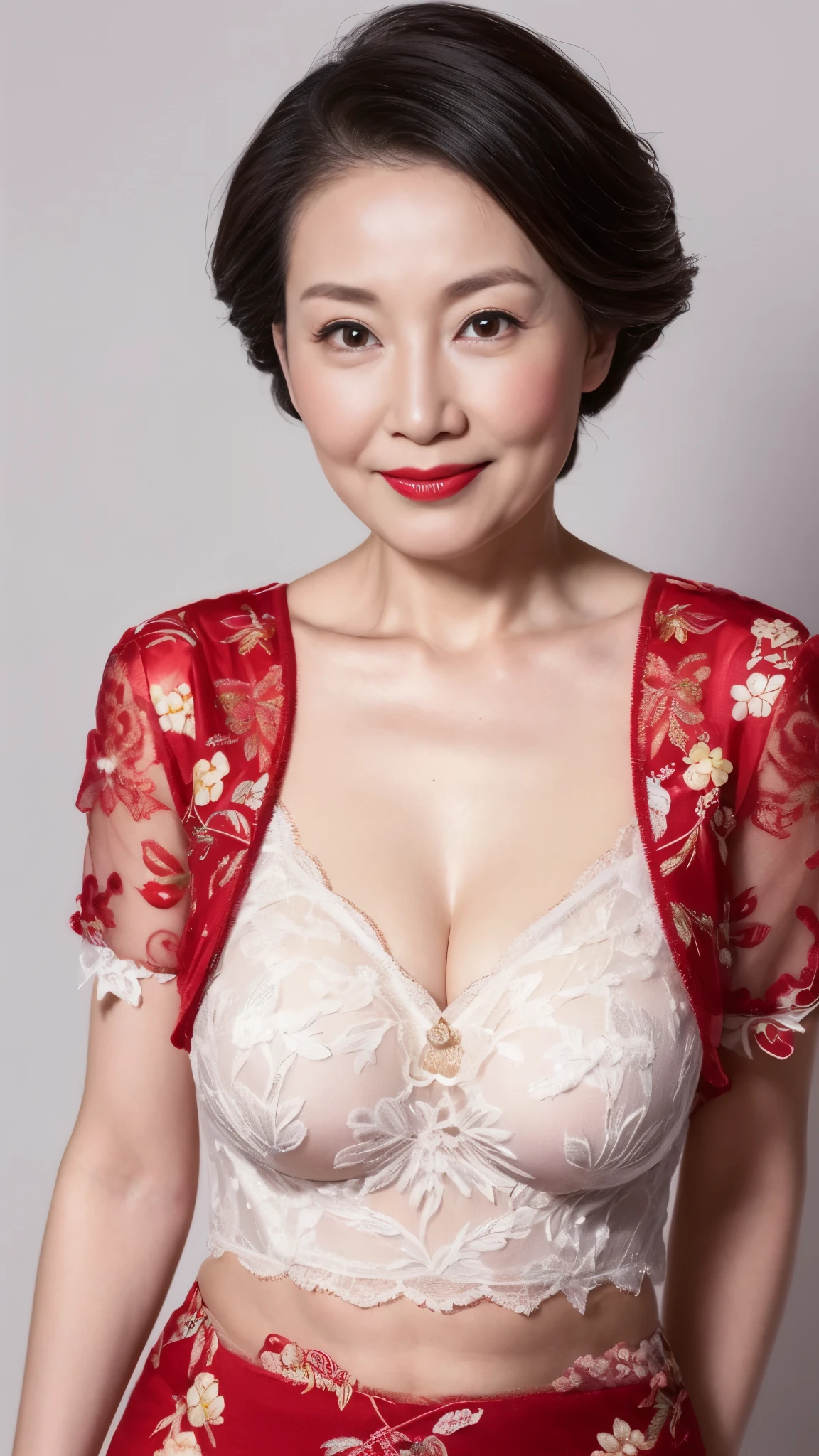 Chinoiserie, gravure, senior citizen, In underwear, Draw lips correctly, Red lipstick, From the chest up, 16K, Highest quality, Super detailed, Realistic, Highly detailed skin, Perfect Anatomy, (1 Chinese), (alone), 100 years old, Large Breasts, Mature female politician, Glamour, Sexy, Chromo White Skin, View your viewers,