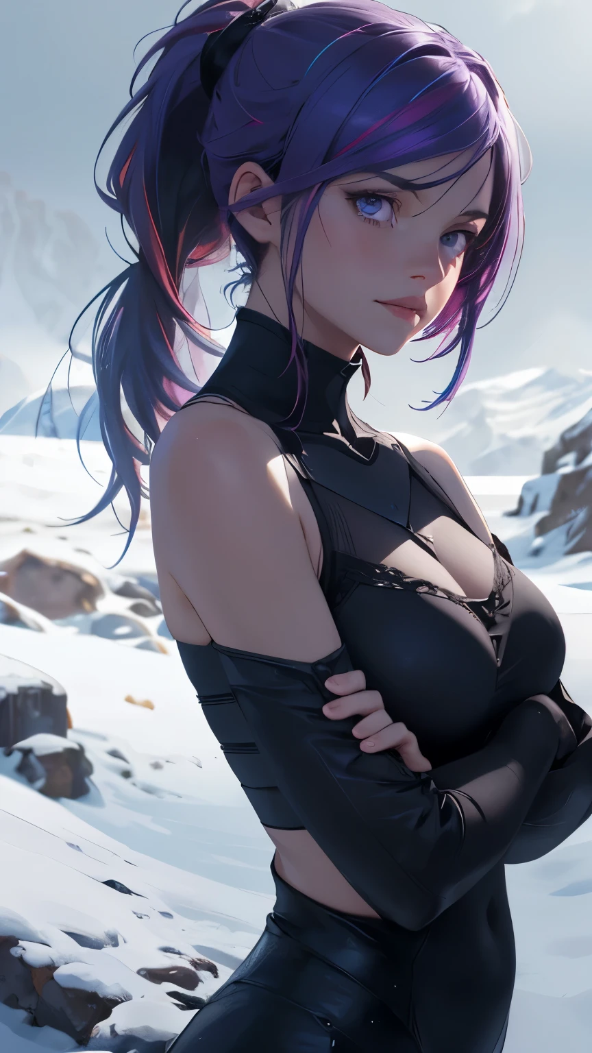 (photo_(Moderate):1.2), author Antonio J. Manzanedo, author:Jeremy Lipking, 1 Girl, Looking at the camera, (For the audience:1.1), (photorealistic:1.2), Surrealism, photorealism, close up, Head and shoulders, Purple Hair with Rainbow Streaks, short hair, Ponytail, Bangs, blue eyes, friendly, eyelash, In the snowy mountains,sit on the floor,Looking at the camera in horror,Wear only a bra on the upper body,Cross your arms in front of your chest to protect your chest,Cross your arms,,Subsurface Skin Scattering, symmetry, Depth of Field, 8K, Visual effects, Human Development Report, full-body shot