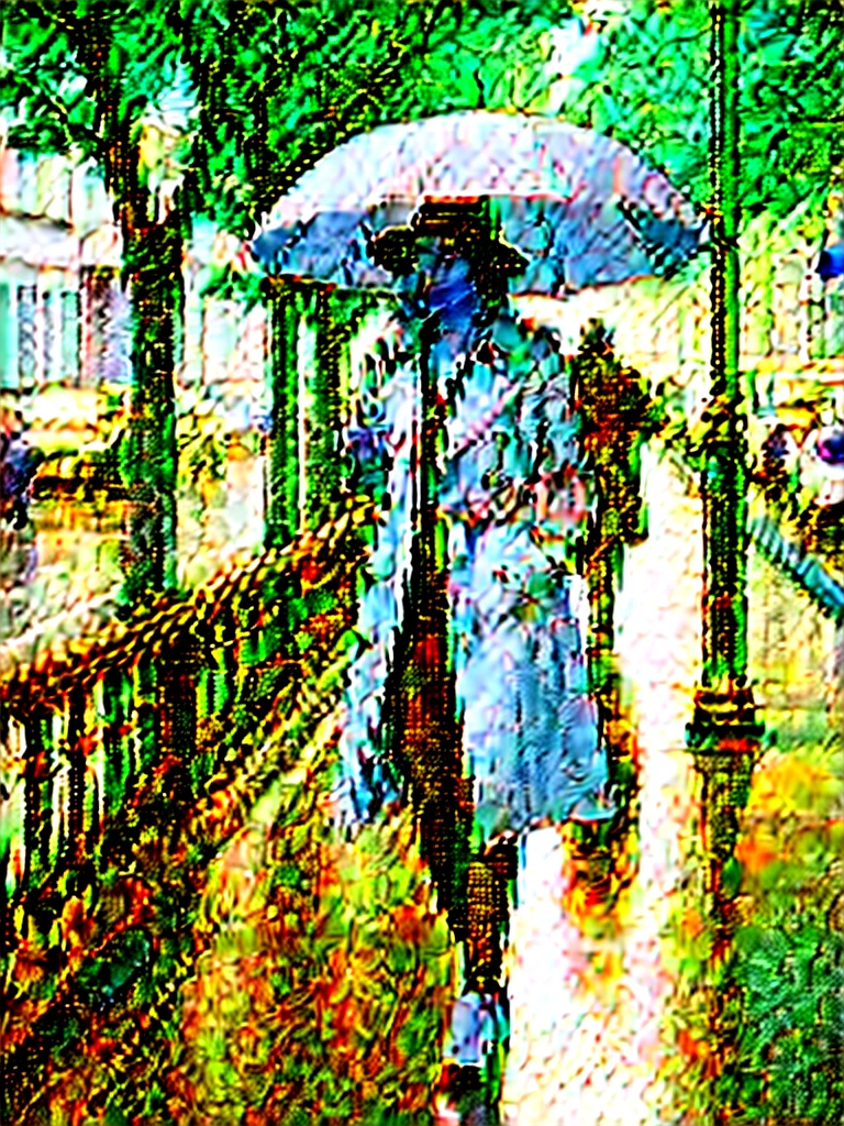 Girl in a black one-piece suit with a trench coat and beige hat, black heels, walking with an umbrella on rainy day, on an avenue sidewalk with railings towards the traffic channels