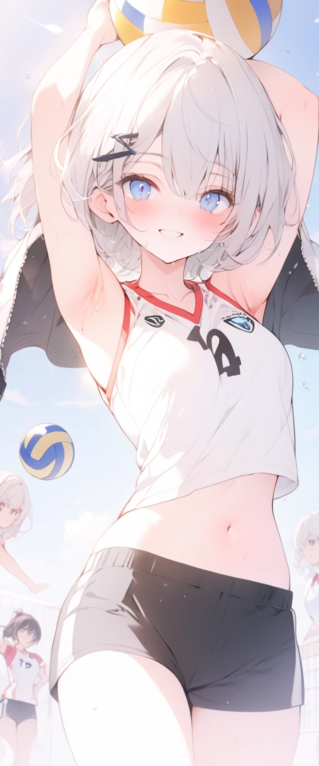 beautiful, masterpiece, Highest quality, anime, One girl, C Cup,Portrait Shot, View your viewers, Covered、Short Hair、nearby、Blue Eyes、art、、White hair,Blue streaked hair、hairpin、Cute smile、Thighs、Cute、Sweat、Volleyball uniform、Shorts、navel、Armpit、Armpit広げ、Volleyball Court、gym、