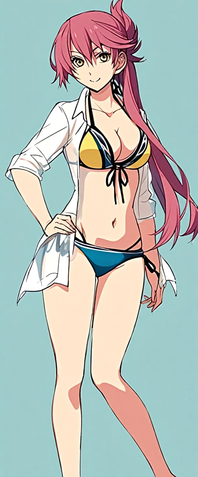 sara valestein, 1girl, solo, long hair, swimsuit, smile, breasts, bikini, cleavage, looking at viewer, simple background, red hair, navel, shirt