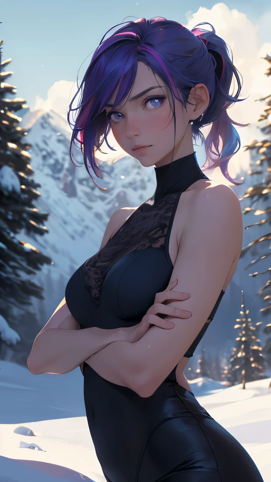 (photo_(Moderate):1.2), author Antonio J. Manzanedo, author:Jeremy Lipking, 1 Girl, Looking at the camera, (For the audience:1.1), (photorealistic:1.2), Surrealism, photorealism, close up, Head and shoulders, Purple Hair with Rainbow Streaks, short hair, Ponytail, Bangs, blue eyes, friendly, eyelash, In the snowy mountains,sit on the floor,Looking at the camera in horror,Wear only a bra on the upper body,Cross your arms in front of your chest to protect your chest,Cross your arms,,Subsurface Skin Scattering, symmetry, Depth of Field, 8K, Visual effects, Human Development Report, full-body shot
