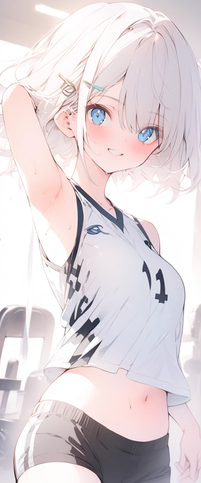 beautiful, masterpiece, Highest quality, anime, One girl, C Cup,Portrait Shot, View your viewers, Covered、Short Hair、nearby、Blue Eyes、art、、White hair,Blue streaked hair、hairpin、Cute smile、Thighs、Cute、Sweat、Volleyball uniform、Shorts、navel、Armpit、Armpit広げ、gym、Sitting cross-legged