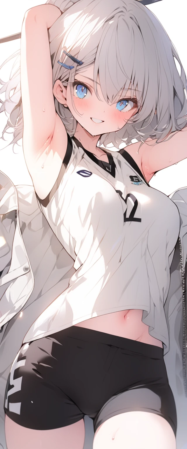 beautiful, masterpiece, Highest quality, anime, One girl, C Cup,Portrait Shot, View your viewers, Covered、Short Hair、nearby、Blue Eyes、art、、White hair,Blue streaked hair、hairpin、Cute smile、Thighs、Cute、Sweat、Volleyball uniform、Shorts、navel、Armpit、Armpit広げ、coat、gym、Battle Dooooooooom!